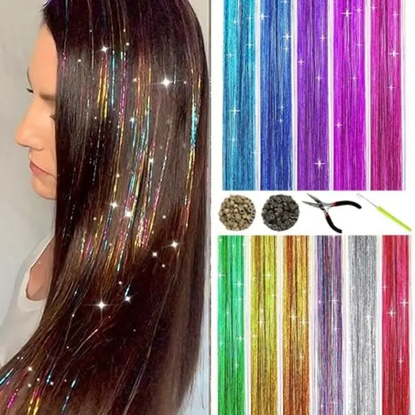 Holographic Sparkle Hair Tinsel Kit - 8600 Long Strands in 11 Colors, 48 Inch Heat Resistant Synthetic Extensions, Clip-in Fairy Hair for Girls, Parties & Festivals, Polyester, Colored Hair Tinsel Synthetic Extensions & Pieces