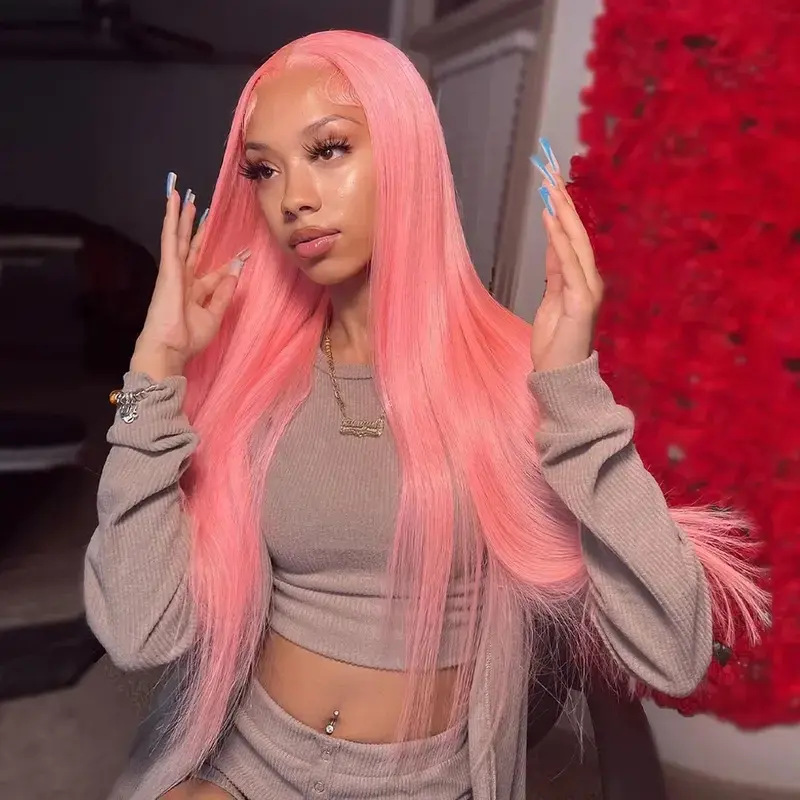 [Only 26Inch] AliPearl Wigs Rose Pink Colored Straight 5x5 Lace Closure Wig Gluless Wig Pre Cut Pre Plucked Lace Human Hair 180% Density