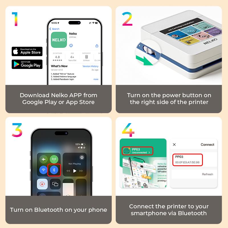 Nelko PP03 Instant Smartphone Photo Printer with 100 Photo Papers Portable Mini Color Wireless Mobile Printer Bluetooth Compatible iOS & Android Devices Fun Editing App, perfect as a gift for Valentine's Day Gift.