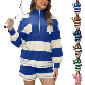 JovenPara Women's 2-Piece Striped Lounge Set - Long Sleeve Quarter Zip, Short Sleeve T-Shirt & Shorts, Lightweight Athletic Outfits, Stretch Fabric Activewear, Sportswear Indoor Outdoor, Sweatsuit with Pockets for Summer & Autumn Casual Workouts