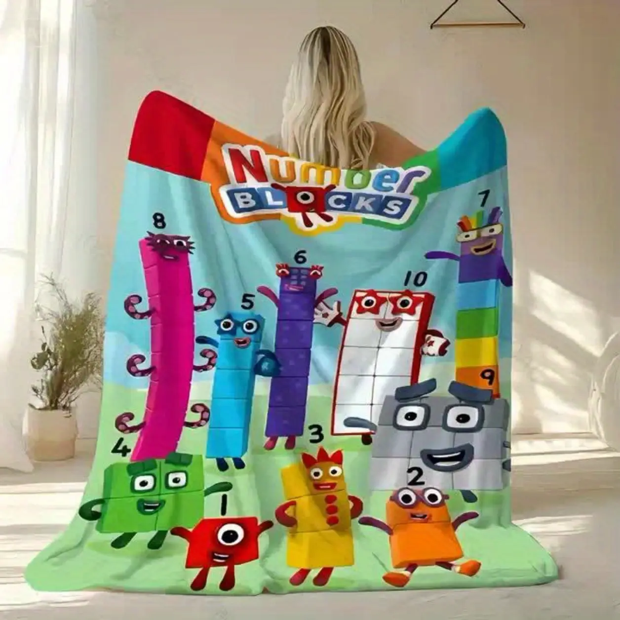 Number Blocks Pattern Print Blanket - Soft Warm 100% Polyester Flannel, Lightweight 200-250gsm, Vibrant Educational Math-Themed Design for Camping, Travel, Home Decor & Office Use - All-Season Cozy Throw  Skin-friendly, lightweight and soft