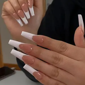 Long Coffin White French Tip Press On Nails