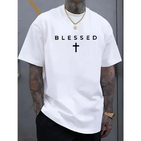 Men's 100% Cotton Knit Crew Neck (Round Neck) Short Sleeve T-Shirt - Simple Soft Unisex Top, Cross & Crisp Digital "BLESSED" Print, Regular Fit Lightweight Sleek Black Streetwear, Clean Casual Summer Weekend Wear