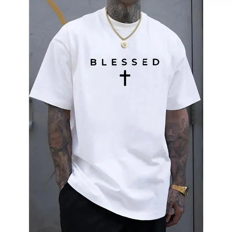 Men's 100% Cotton Knit Crew Neck (Round Neck) Short Sleeve T-Shirt - Simple Soft Unisex Top, Cross & Crisp Digital "BLESSED" Print, Regular Fit Lightweight Sleek Black Streetwear, Clean Casual Summer Weekend Wear