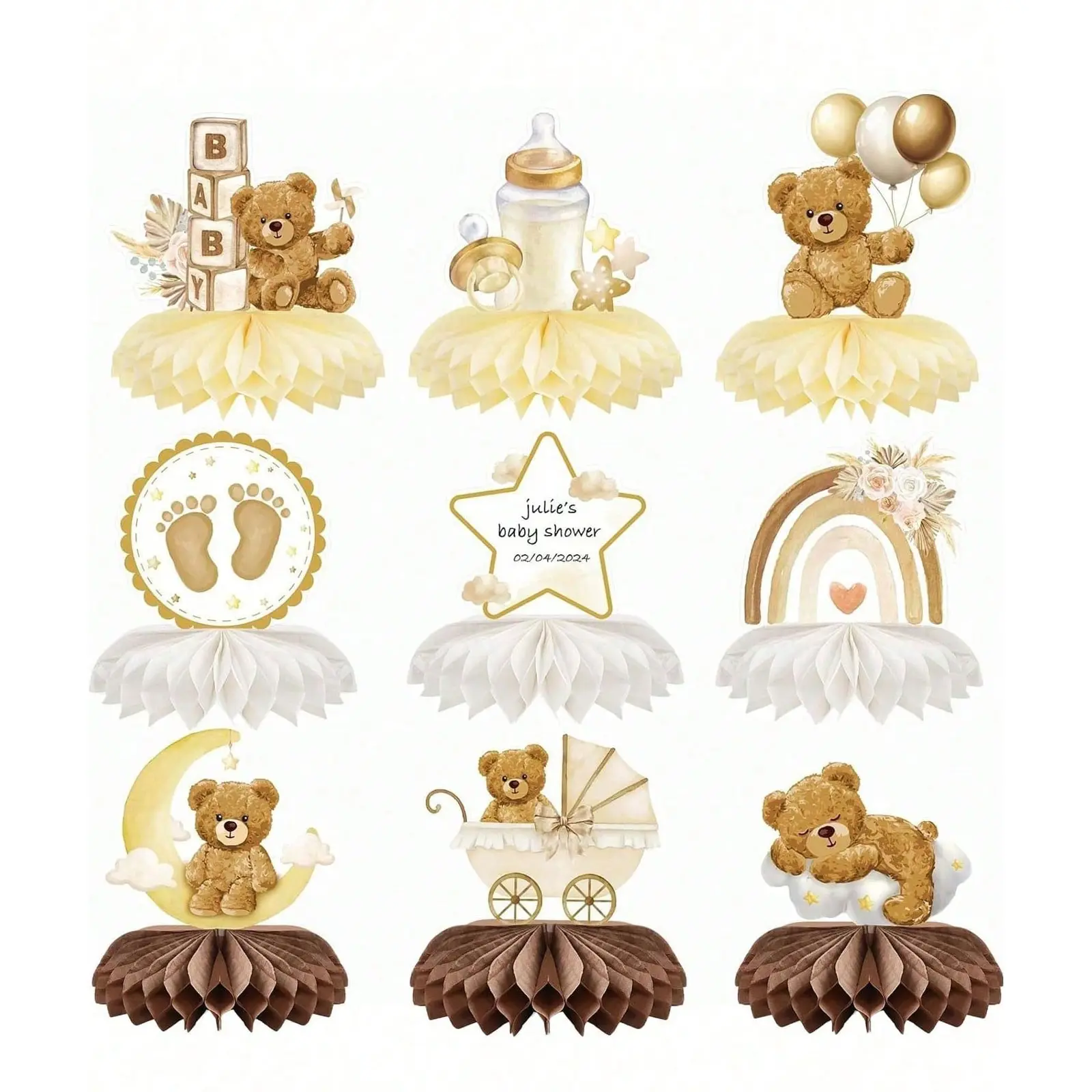 Baby Shower Decorations Set, Teddy Bear Honeycomb Centerpiece, Cream Color Party Supplies, Table Decoration, Birthday Gift, Party Event Props, Party Gifts