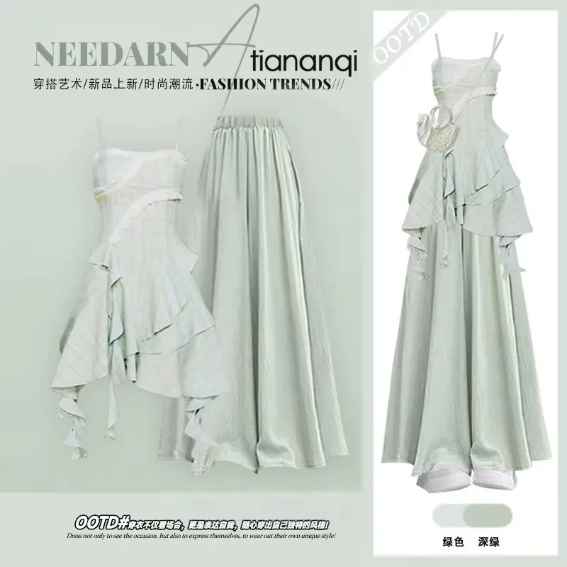 Elegant Korean Style Set, Unique Design Spaghetti Strap Dress Matching Skort Slim Daily Wear