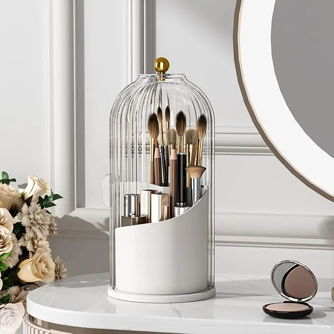 Makeup Brush Holder Organizer with Lid 360 Rotating Clear Dustproof Toothbrush and Toothpaste Holder Organizer Boxes Vanity Desktop Bathroom Countertop vanitydresser birthday Mother's day gifts Spring Gift SummerVibes