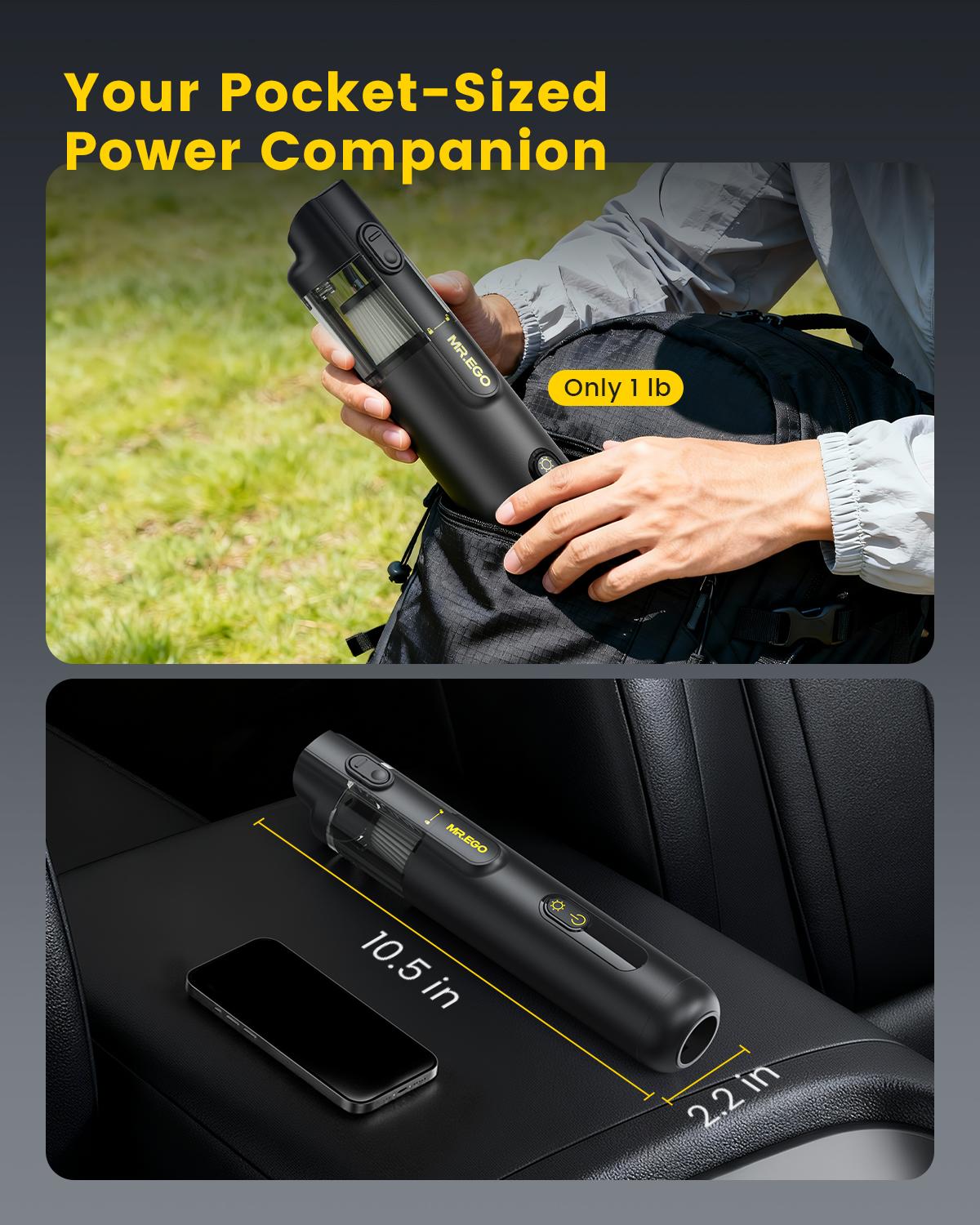 MR.EGO 20000Pa, Car Vacuum Portable Cordless, 4-in-1 Mini Vacuum Cleaner with 20,000Pa Powerful Suction, Green LED Light, Type-C Charging, 2 Suction Modes, Ultra-Light for Car, Home, Desk, Keyboards (Black) Car Cleaning Supplies Car Detailing Kit