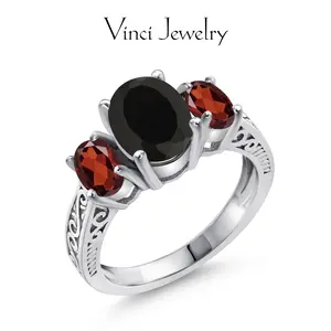 925 Sterling Silver 2.73 Cttw Black Onyx and Red Garnet 3 Stone Ring For Women, S925 Sterling Silver Artificial Gemstone Jewelry, Vintage Synthetic Obsidian Ring Wedding Engagement Anniversary Promise Ring For Women, Statement Ring