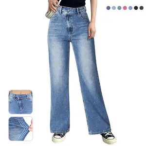 Genleck Women's Crossover High Waisted Wide Leg Jeans Stretch Baggy Crisscross Y2K 90s Denim Pants - Womenswear