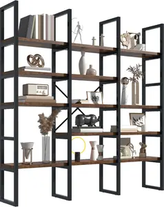 Kepptory Large Bookshelf 5 Tiers, Triple Wide Geometric Bookcase, 71 Inches Tall Industrial Book Shelves Etagere Book Case, Sturdy Metal Frame, Freestanding Display Shelving Unit, Rustic Brown