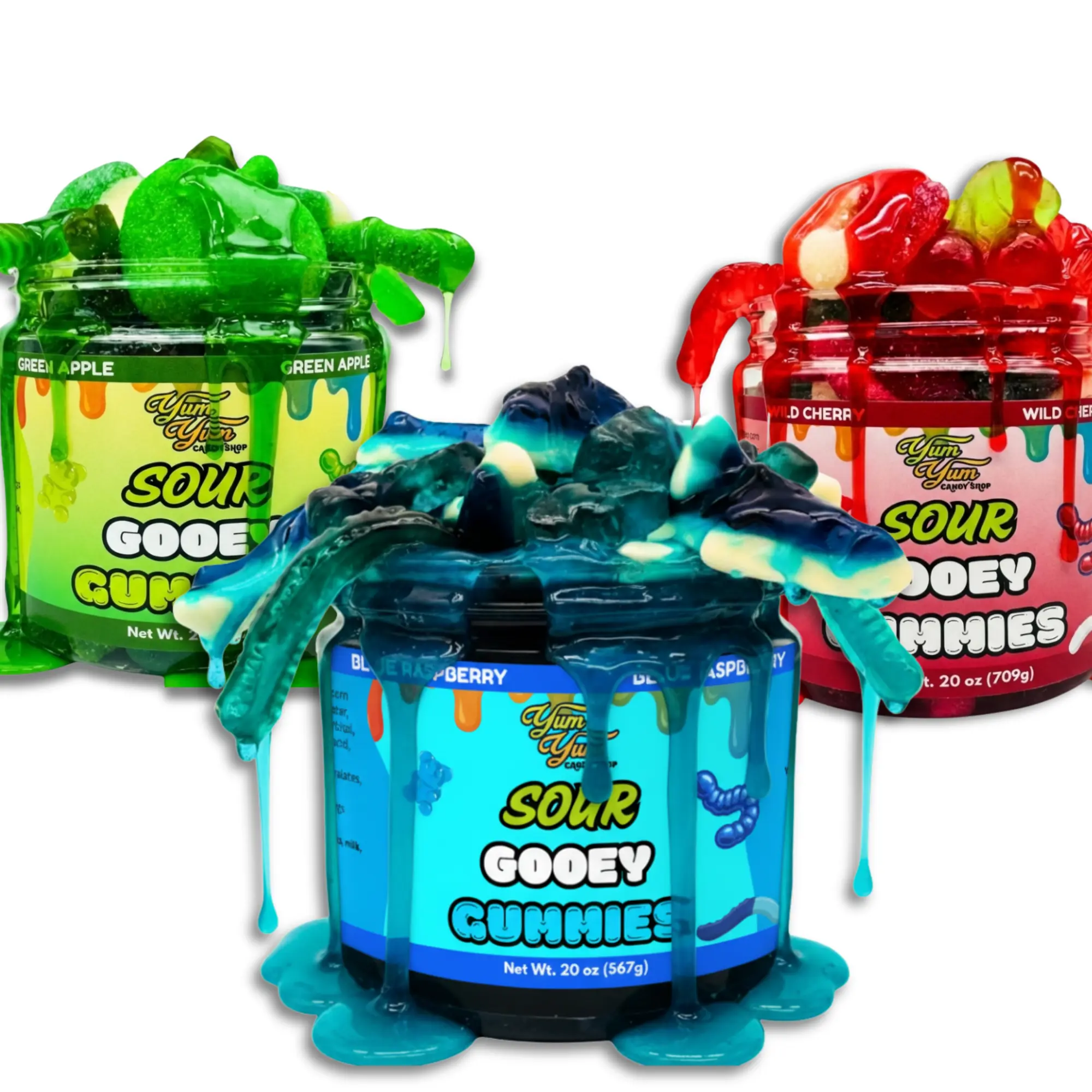Yum Yum Gooey Gummies Sour & Sweet Sticky Gummy Candy Blue Raspberry Wild Cherry Green Apple Sour Ooze Chewy Fruity Snack Candy
