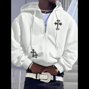 Men's Cross Print Drop Shoulder Zip Up Thermal Lined Hoodie, Fashion Casual Regular Fit Drawstring Pocket Hooded Sweatshirt for Daily Holiday Outdoor Wear, Men Clothes for Fall & Winter