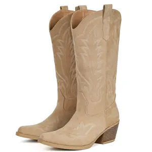Suede Cowboy Boots for Women Western Mid Calf Cowgirl Boots with Embroidered, Retro Snip Toe Fashion Boot With Chunky Block Heel Summer Fall Country Music Festival Cowboy Chic