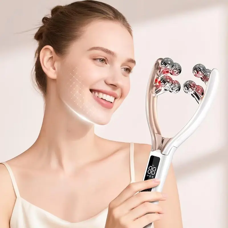 Doge&Vollar Electric Face & Neck Massager, Rechargeable Facial Roller with 8 Rolling Heads, Wireless Portable Beauty Care Device for Daily Skincare, Home & Travel Use