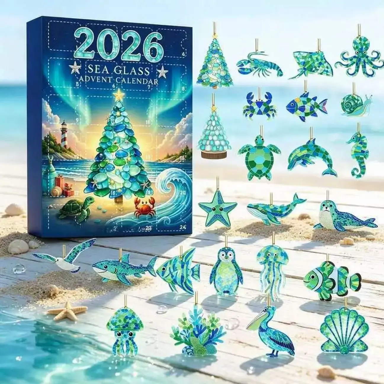 Cute Ocean Treasures Sea Life 2D Flat Acrylic Advent Calendar 2026 Coastal Countdown Calendar Halloween Christmas Gift