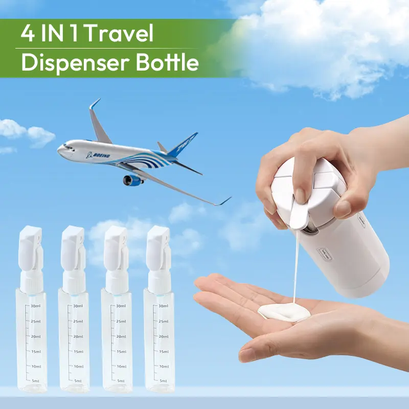 Summerwins 4-in-1 Compact Plastic Rectangle Mini Cosmetic Storage Dispenser Bottle - Leak-Proof Refillable Silicone Squeeze Container with Lock, Durable Portable Toiletries Jar for Travel Stuff, Mini Travel Products, Business Trips