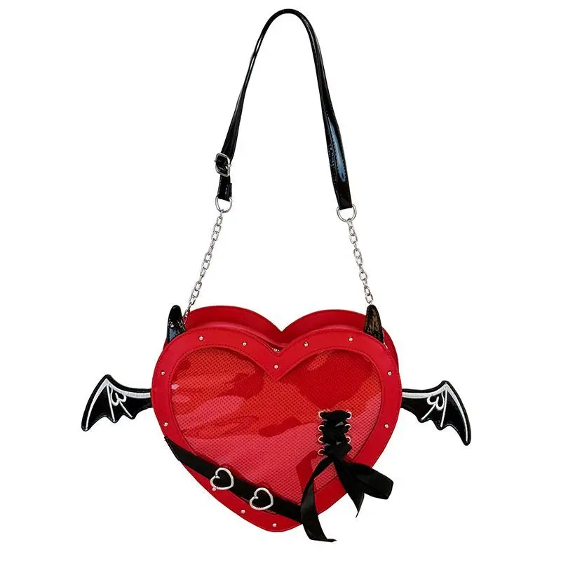 RIVERICH Women's Cute Little Devil Bat Wings Crossbody Bag - PU Leather, Love Heart, Adjustable Chain Strap, Zipper, Fashionable Casual Dating Curve Tote Shoulder Bag, Crossbody Bags, Adjustable Strap