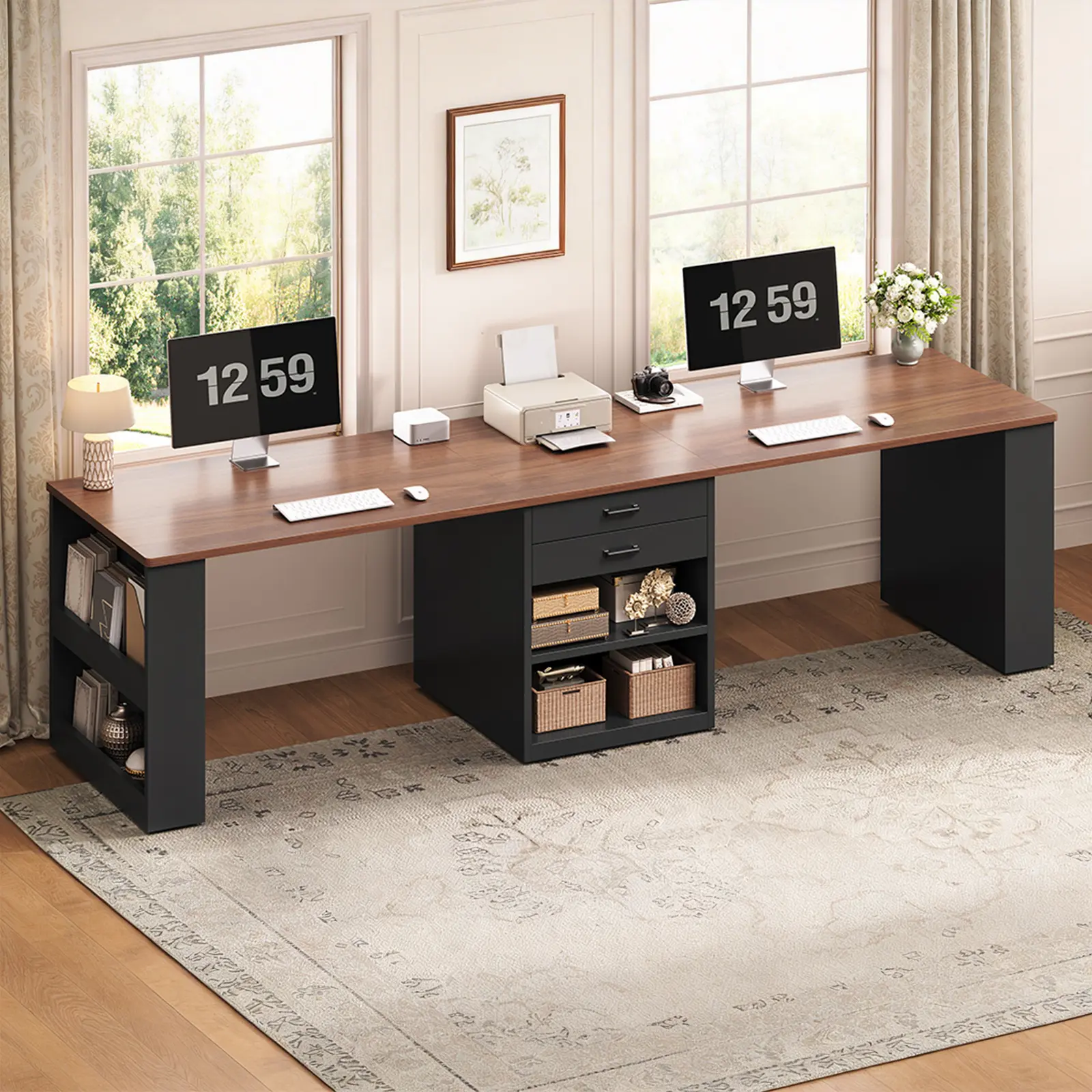 SEDETA 2-Person Design Office Desk (90.5" L x 19.7" W) - Organizational Drawers Desks & Workstations, Multi-Compartment Storage with Drawers & Shelves, Home Office Gaming Use, Assembly Required