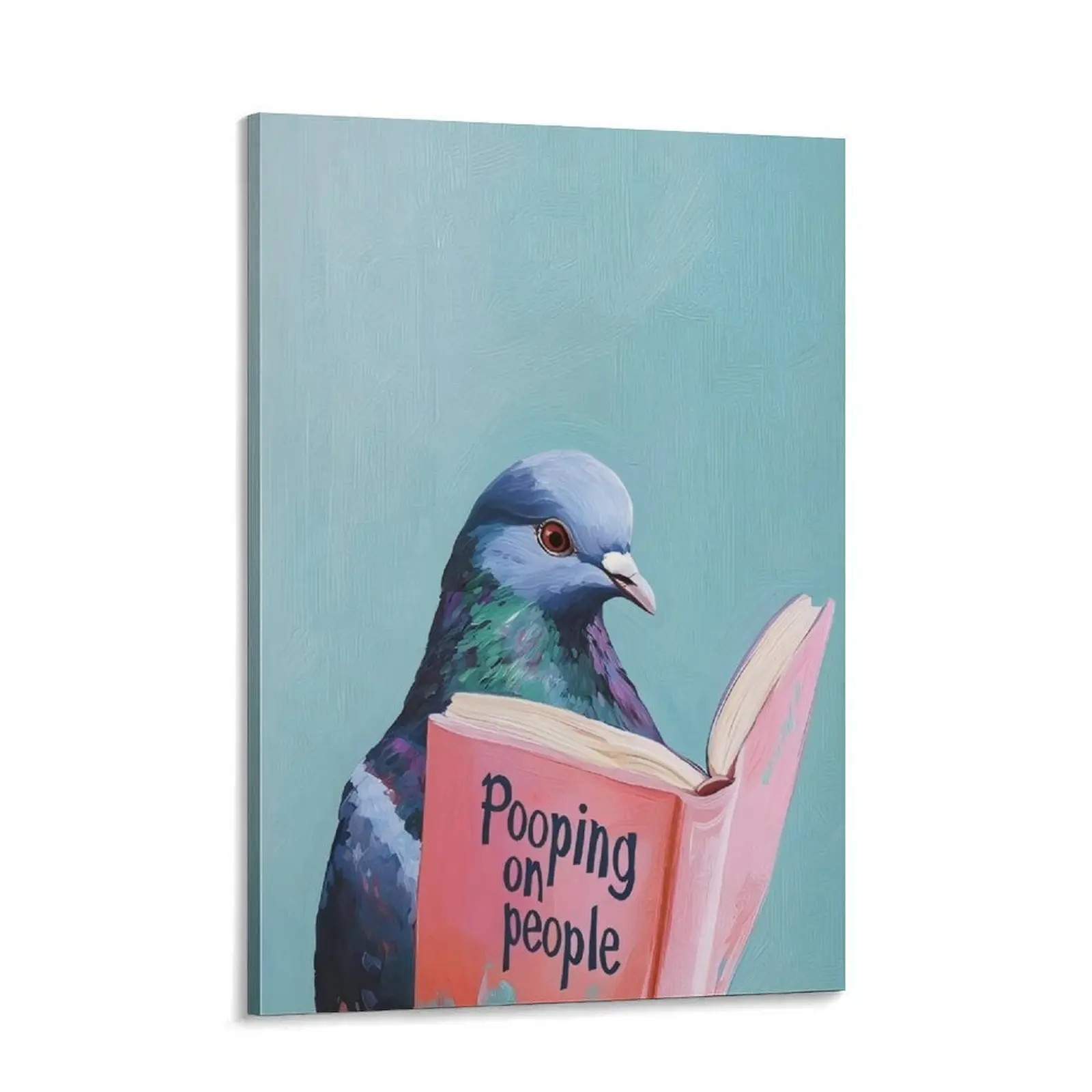Humorous Pigeon Reading & Pooping On People Canvas Wall Art Poster Print - Minimalist Wood-Mounted Home Decor Gift, Assorted Art Prints for Bathroom Toilet & Living Room, Highland