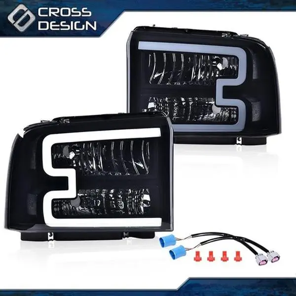CROSSDESIGN LED Headlamp & LED Front Lights Kit, Smoke DRL Headlights w/ Harness for 2005-07 Ford F250-F550 Super Duty