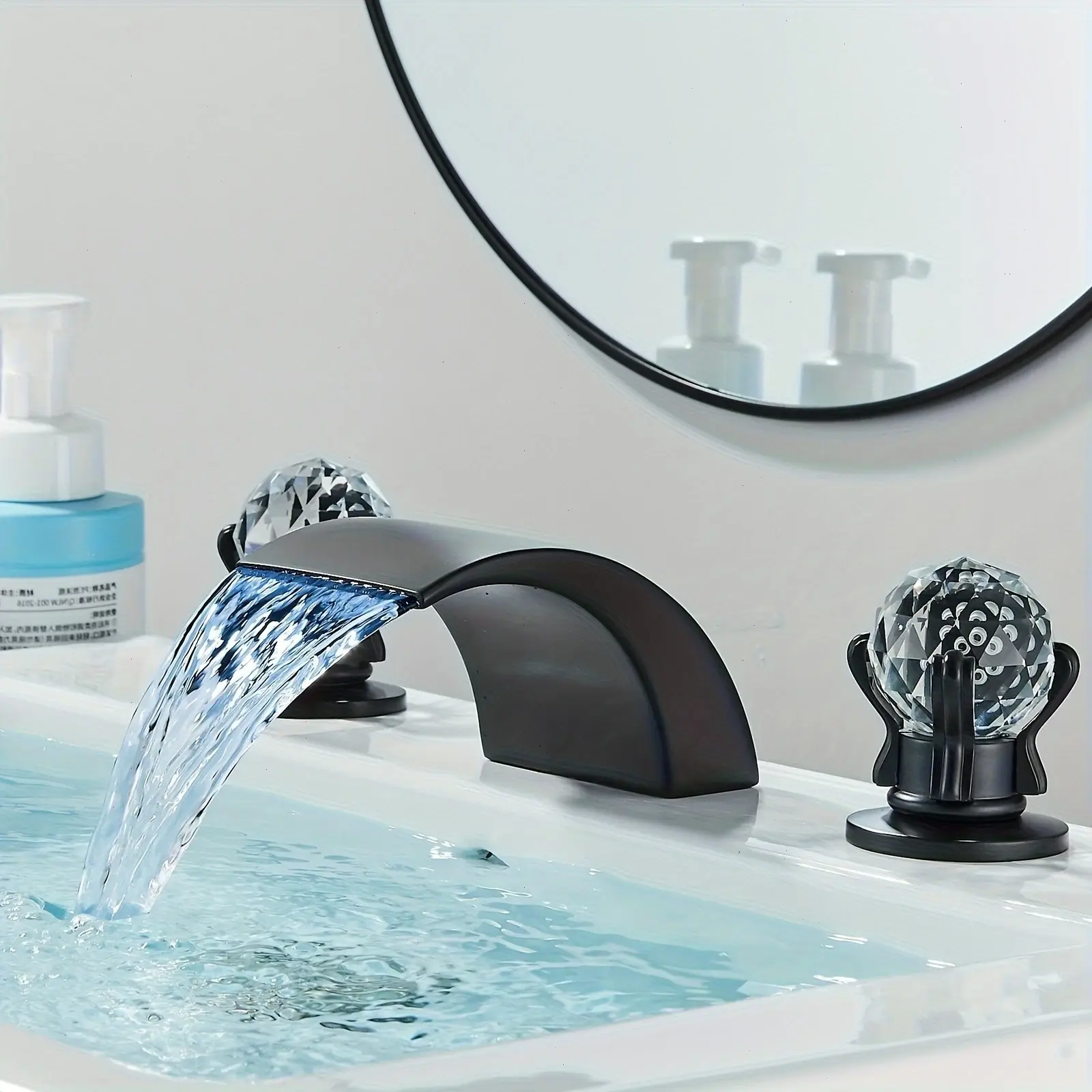 Bathroom Sink Faucet 3 Hole 2 Handle Widespread LED Light Waterfall Faucets with Dual Crystal Handles Basin Mixer Tap 8-Inch Vanity Sink Faucet with Supply Hose, Matte Black