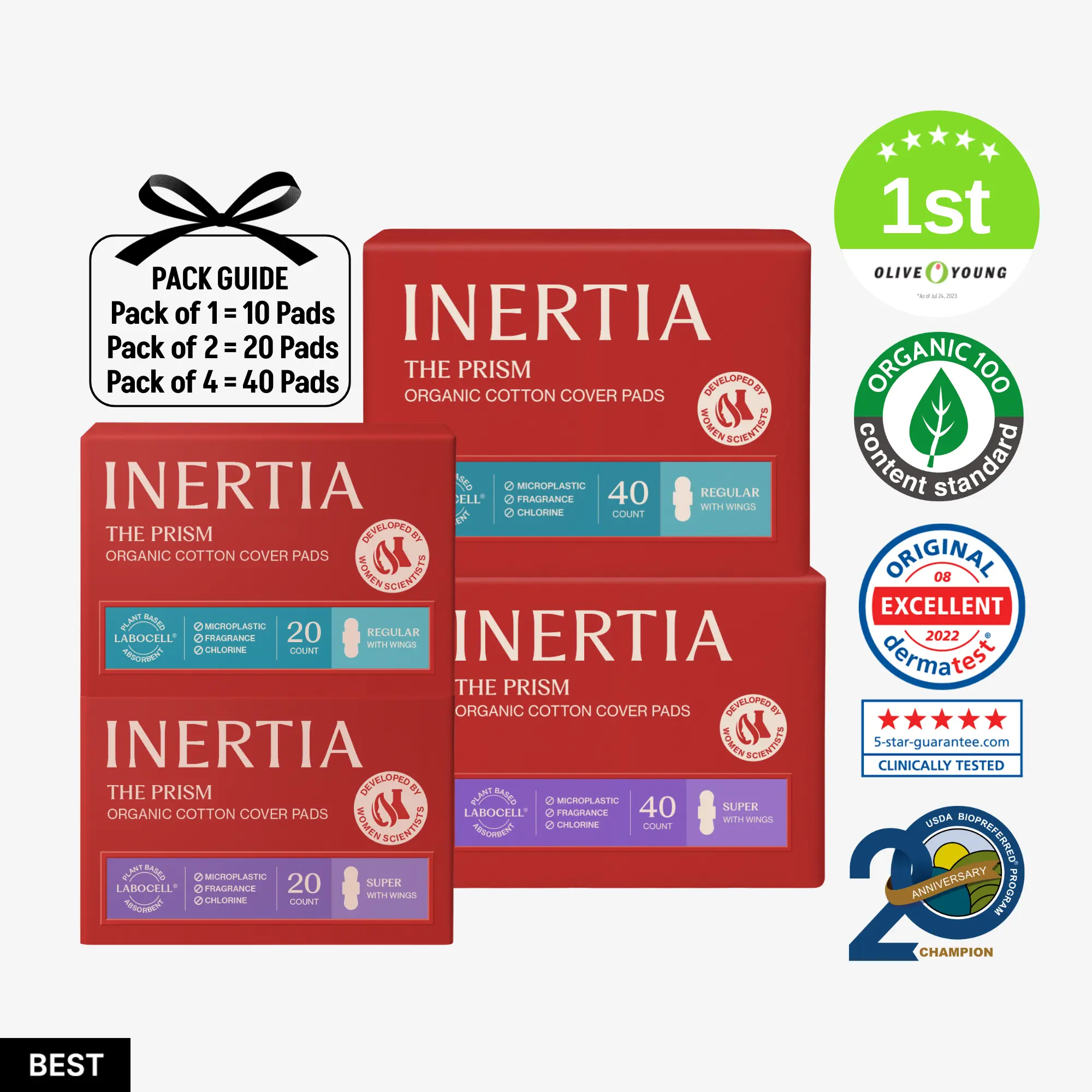 [Biodegradable & Microplastic-Free] INERTIA 100% Organic Cotton Cover-to-Core Pads, Ultra-Thin, Highly Absorbent, Clinically Tested