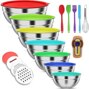Mixing Bowls with Lids Set, 7 PCS Stainless Steel Mixing Bowls with 3 Grater Attachments, Size 4.5, 4, 3.5, 2.1, 1.5, 1.1, 0.7QT, Ideal for Kitchen Cooking Baking & Serving