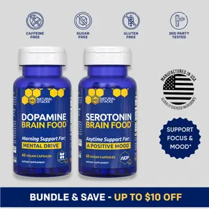 Dopamine & Serotonin Brain Food Stack w/L-Tyrosine and L-Tryptophan - 2 Pack - Promotes Mental Drive, Clarity & Focus - Supports Mood - 60 Capsules