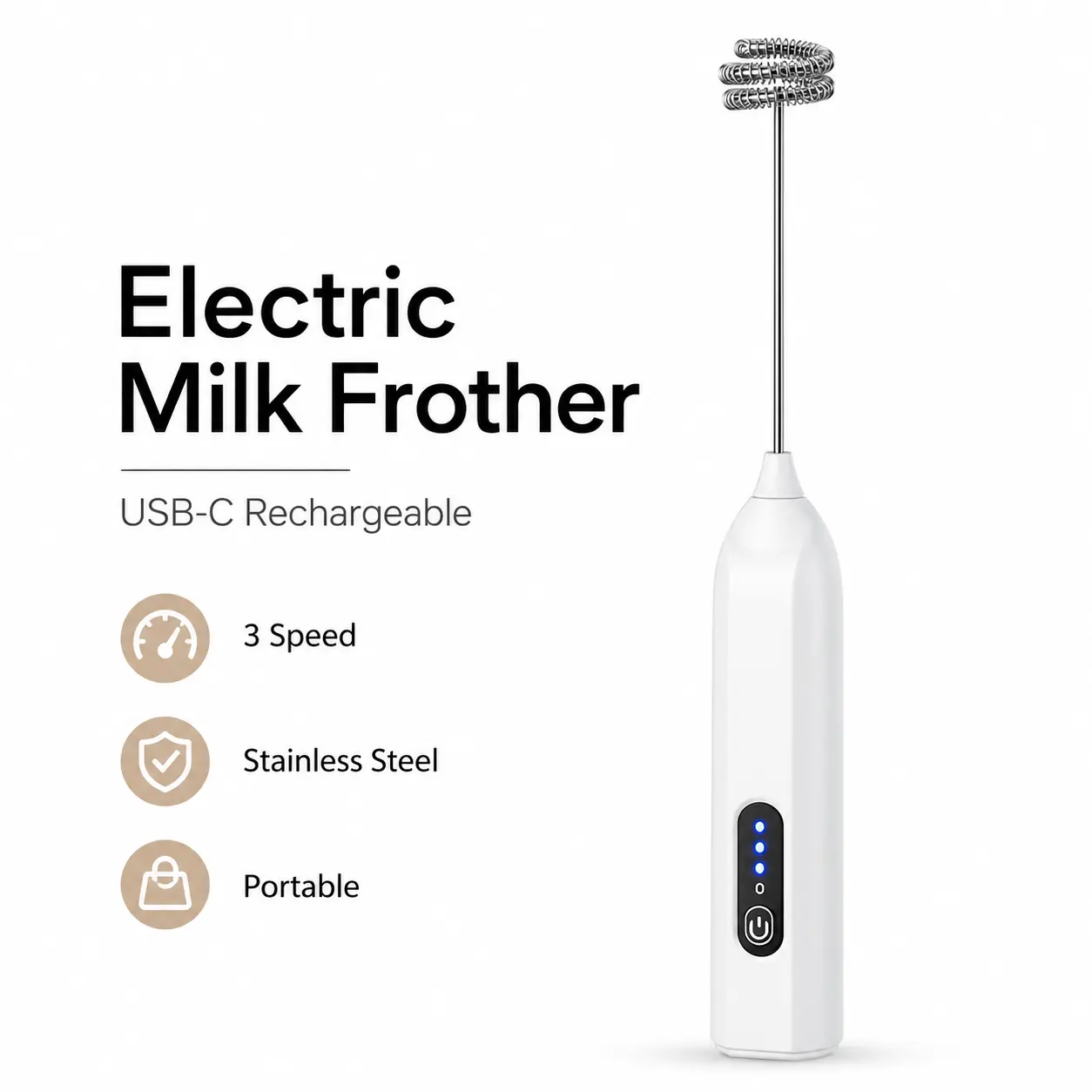 Electric Milk Frother Handheld, USB-C Rechargeable Coffee Frother with 3 Speeds, Stainless Steel Foam Maker for Latte, Cappuccino, Matcha & Hot Chocolate