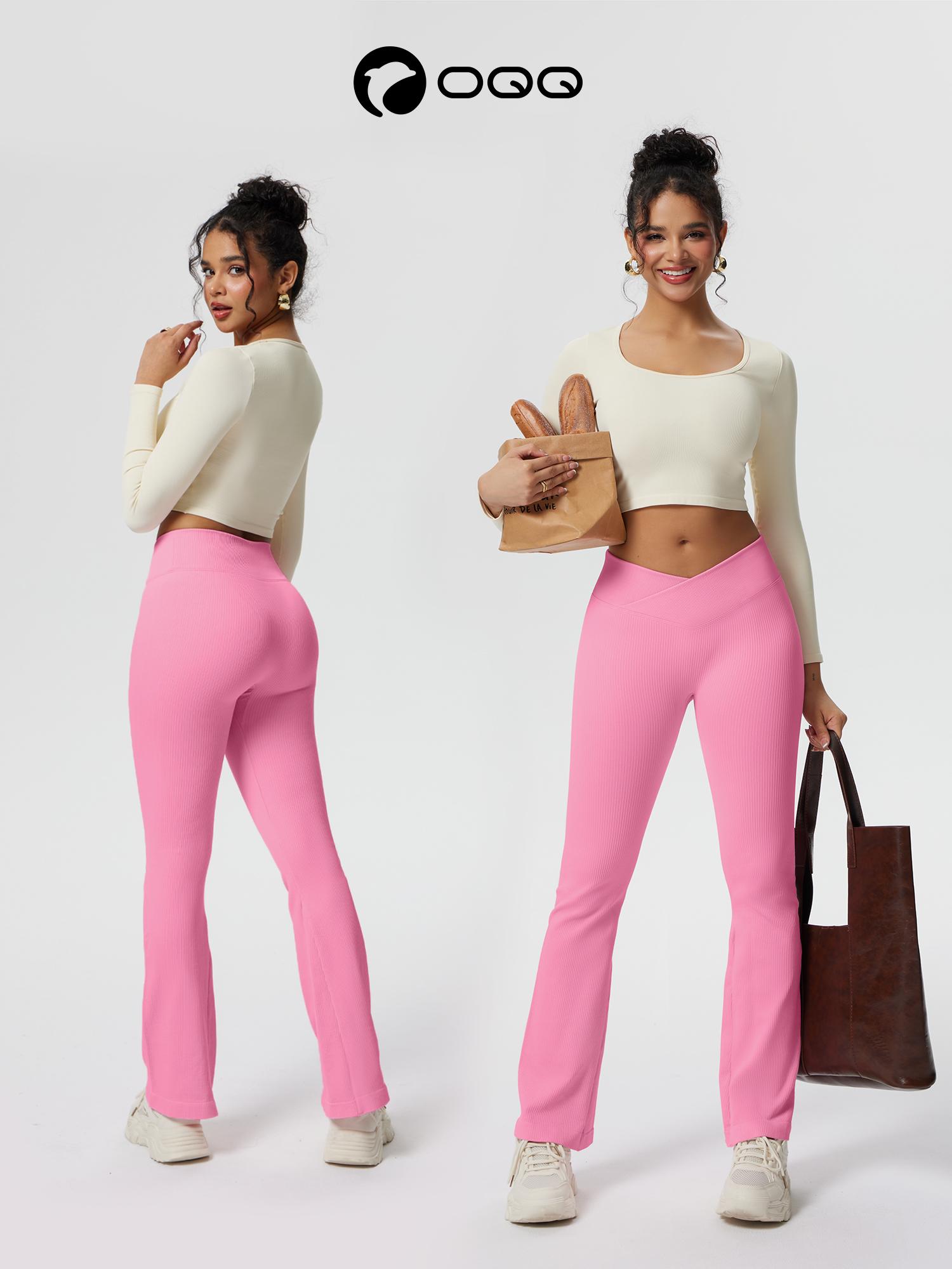 OQQ Women's 2 Piece Flare Pants Ribbed Seamless Workout High Waist and Cross Over Bell Tummy Control Bottoms Basic Comfort Exercise Flare Leggings