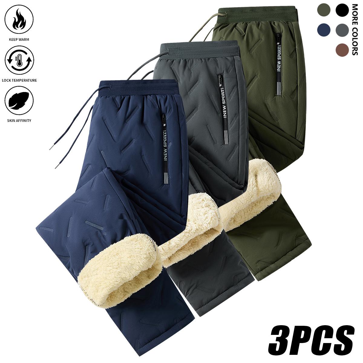 Men's Warm Winter Pants Set - 3 Pack Thick Cotton Trousers with Drawstring Waistband, Black Cold-Resistant for Daily and Formal Wear, Side Pockets - Suitable for Office Work and Outdoor Activities solid drawstring waist sweatpants wind  proof  pants mens