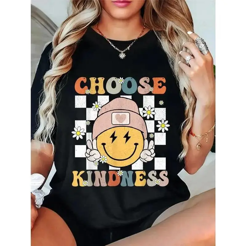 Cotton Unisex Retro Choose Kindness Smile Face Groovy Be Kind Women T-Shirt