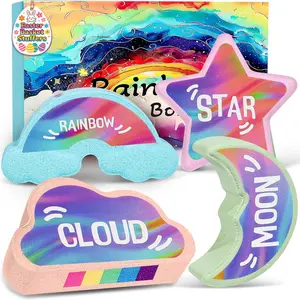 Rainbow Bath Bombs for Kids 4 Pcs Handmade Natural Organic Bubble Bath with 5-Color Rainbow Effect Epsom Salt Coconut Oil Glycerin Essential Oils Gifts Basket Stuffers