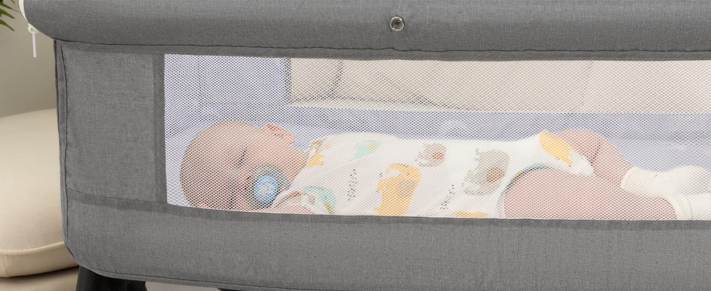 Baby Bassinet Sleeper, 6 Height Adjustable Cribs, Easy to Fold Portable Crib Side Bassinet, Swing Cradle Bed Side Sleeper with Ventilated Net&Wheels Folding Cot Layer Floorbed