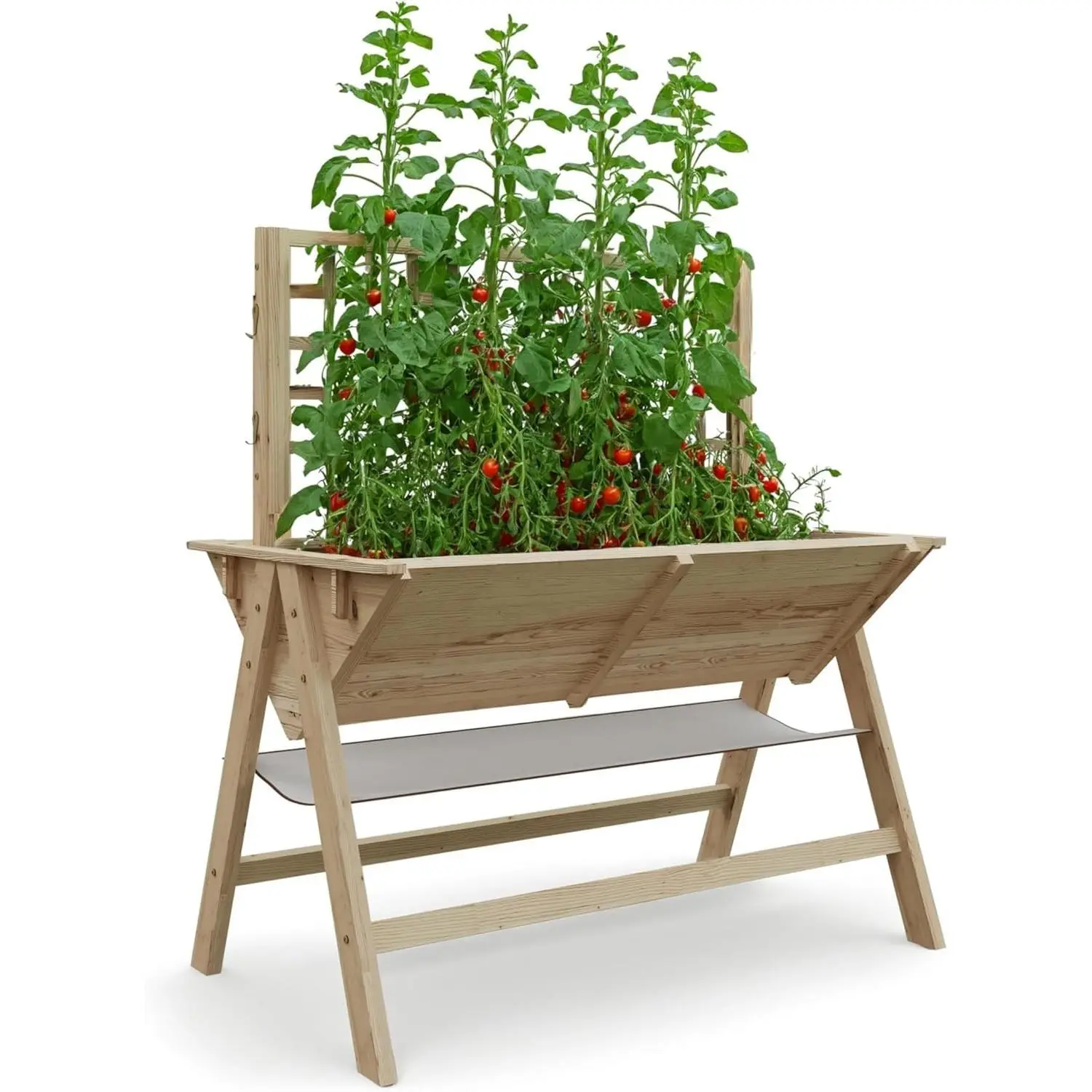 GARVEE Mobile Raised Wooden Planter Box with Trellis, Storage Shelf, Legs, Lockable Wheels, Drainage Holes, Protective Liner - Natural Indoor Furniture