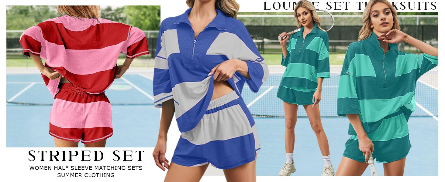 Molitree Women Striped Workout Set Two Piece Outfit Tracksuit Oversized Lounge Set Top and Shorts Sets with Pockets