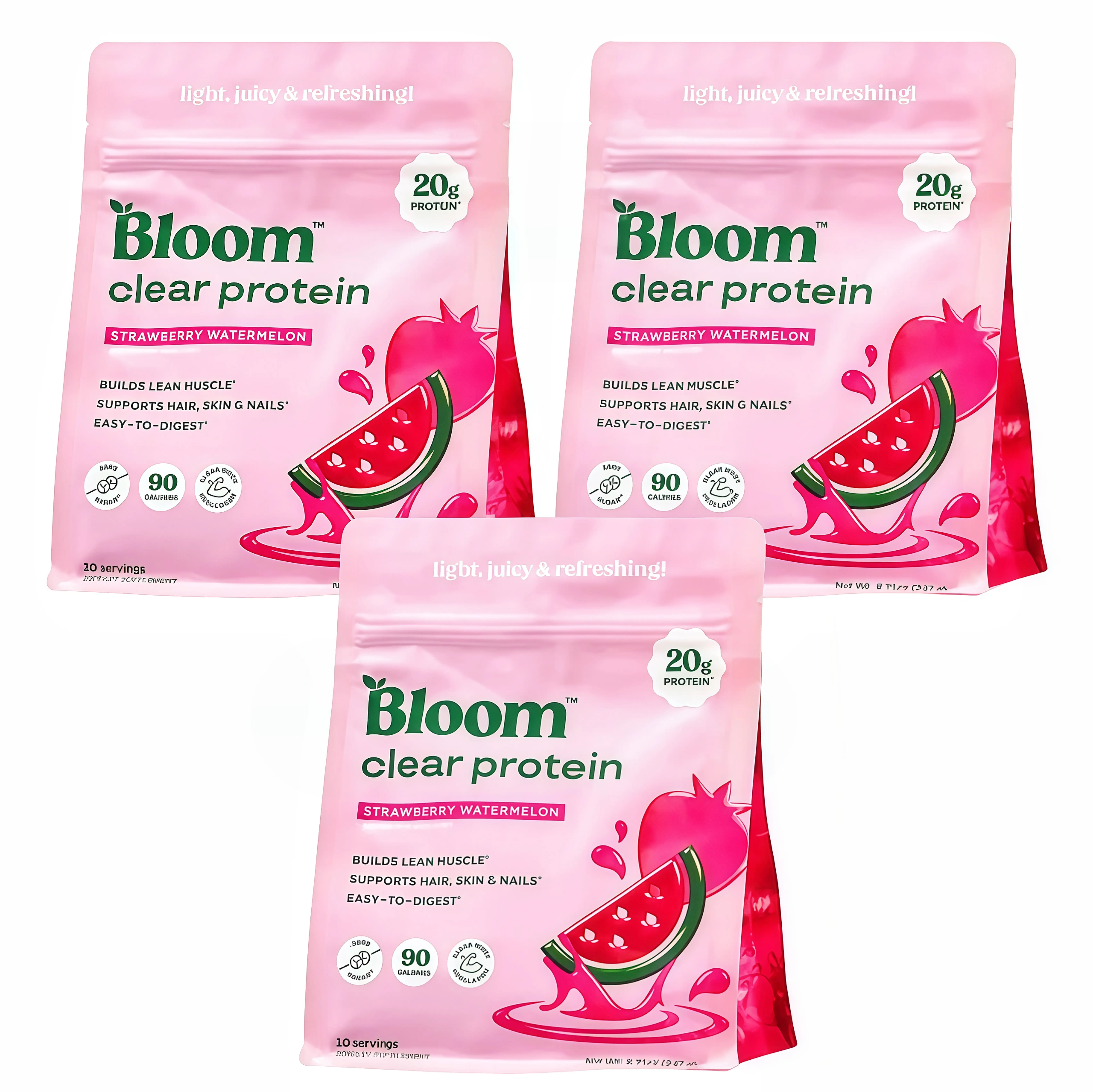 3 Pack Bloom Nutrition Clear Protein Powder,VF Strawberry Watermelon Flavor, 20g Whey Collagen Protein, Zero Sugar, 90 Calories, 10 Servings