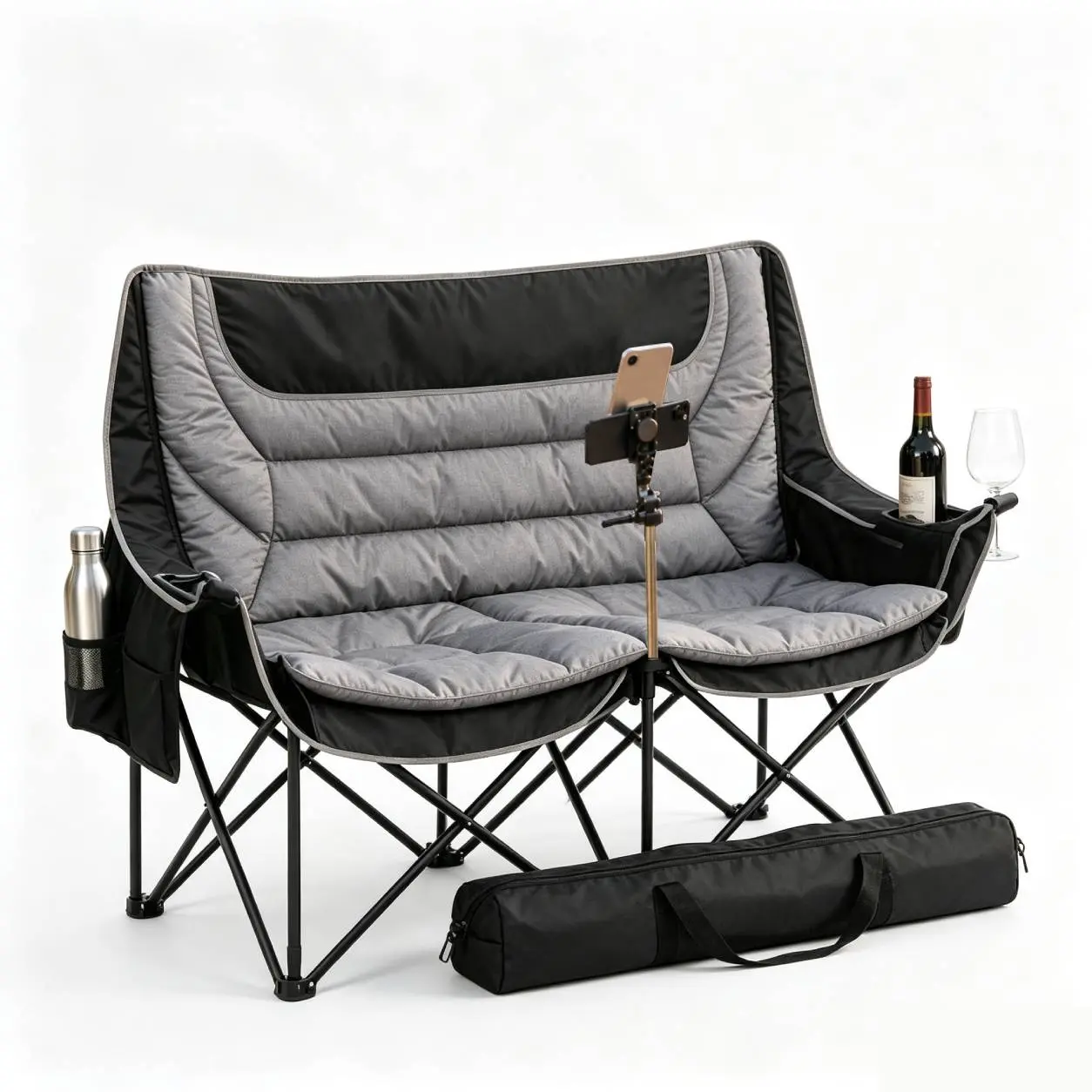 Docred Camping Chairs for 2 Adults, Oversized Folding Loveseat with Heavy-Duty Steel Frame Supports 880 lbs, Fully Padded Comfort Seat, Cup/Phone/Wine Holders + Side Pocket Portable Camp Chair with Carrying Bag for Beach BBQ and Outdoor Movies.