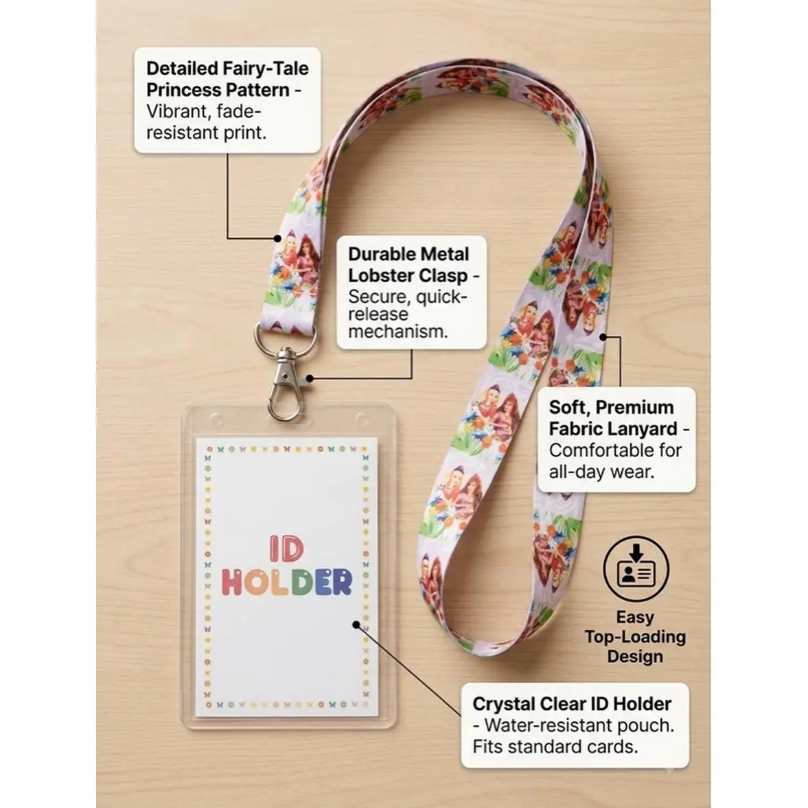 Girls ID Holder with Fairy-Tale Princess Pattern Durable Metal Lobster Clasp Soft Premium Fabric Lanyard Crystal Clear Water-Resistant Pouch