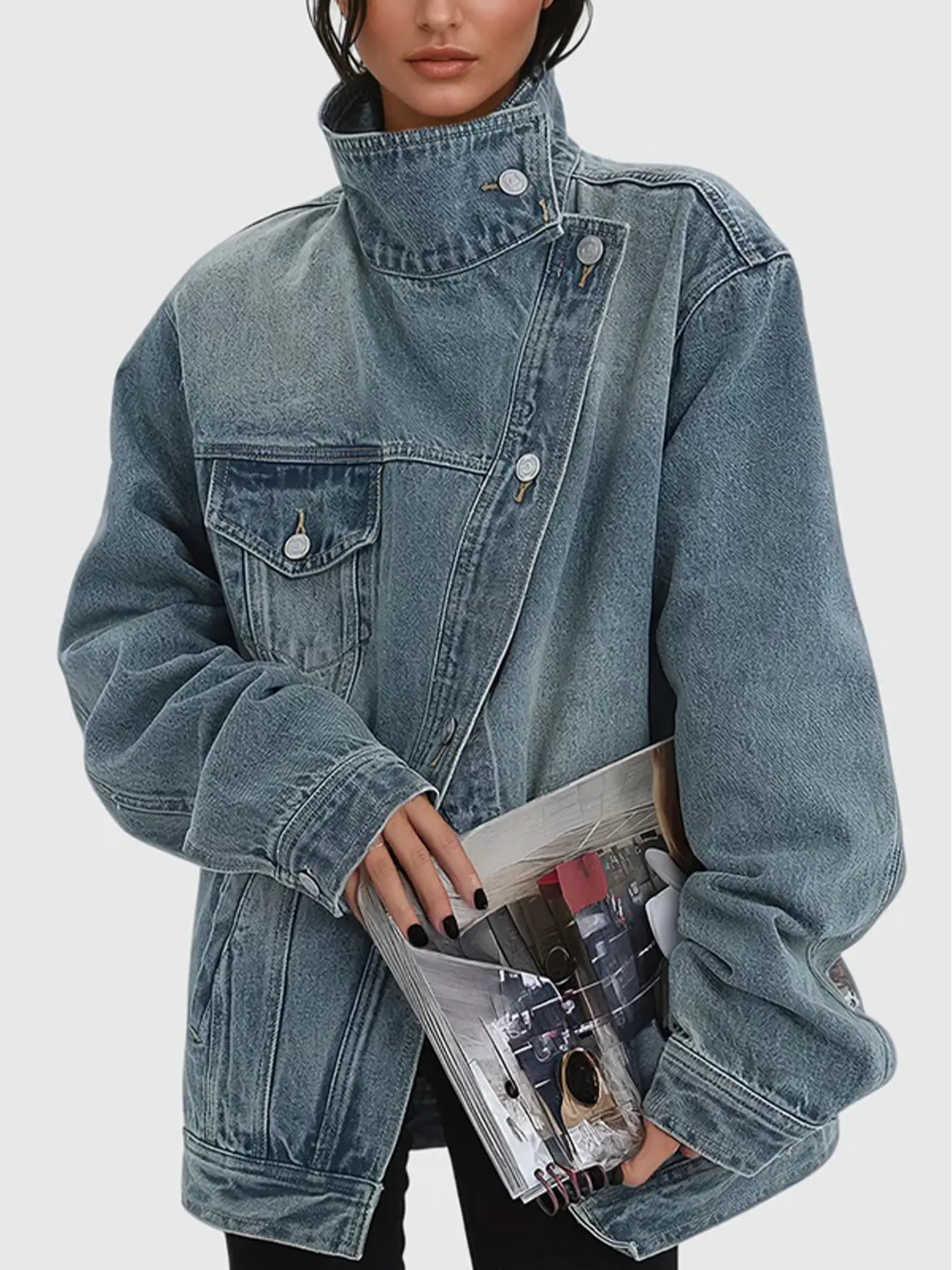 Women's Vintage Washed High Neck Asymmetric Button Loose Denim Jacket, Street Style Trendy Versatile Jacket Top, Suitable For Spring, Autumn And Winter Seasons