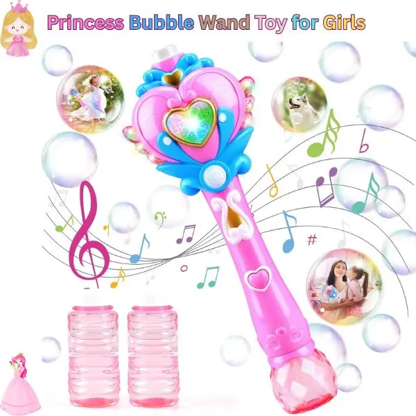 Princess Bubble Wand Toy for Girls – Light-Up Bubble Machine & Fairy Wand, Birthday Gifts for 3-8 Year Old Kids, Toddler Girl Toys with Bubble Solution