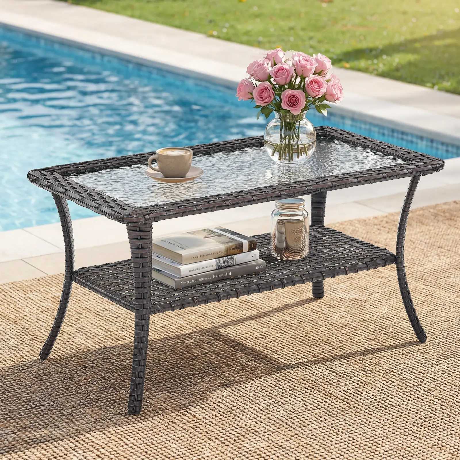Belord NTC Series 40" Outdoor Wicker Coffee Table - Tempered Glass Top, Built-In Storage, Weather-Resistant Patio Outdoor Furniture Table, Patio Outdoor Table, Outdoor Coffee Table
