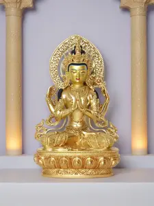 AVALOKITESVARA Large Artisan Buddha Statue 9 Inches Four Arms Gilded Copper Metal Sculpture Bodhisattva of Infinite Compassion Handmade Heavy Copper Bronze Alloy 23 cm USA Seller