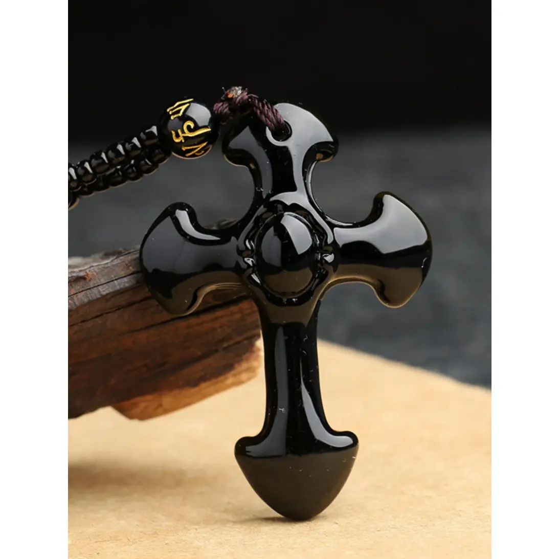 Gothic Obsidian Cross Necklace with Bead Chain for Men - Lucky Amulet Pendant with Protective Symbolism, Synthetic Gemstone Mystery Jewelry Gift, Jewelry Design, Gothic Mystery Jewelry