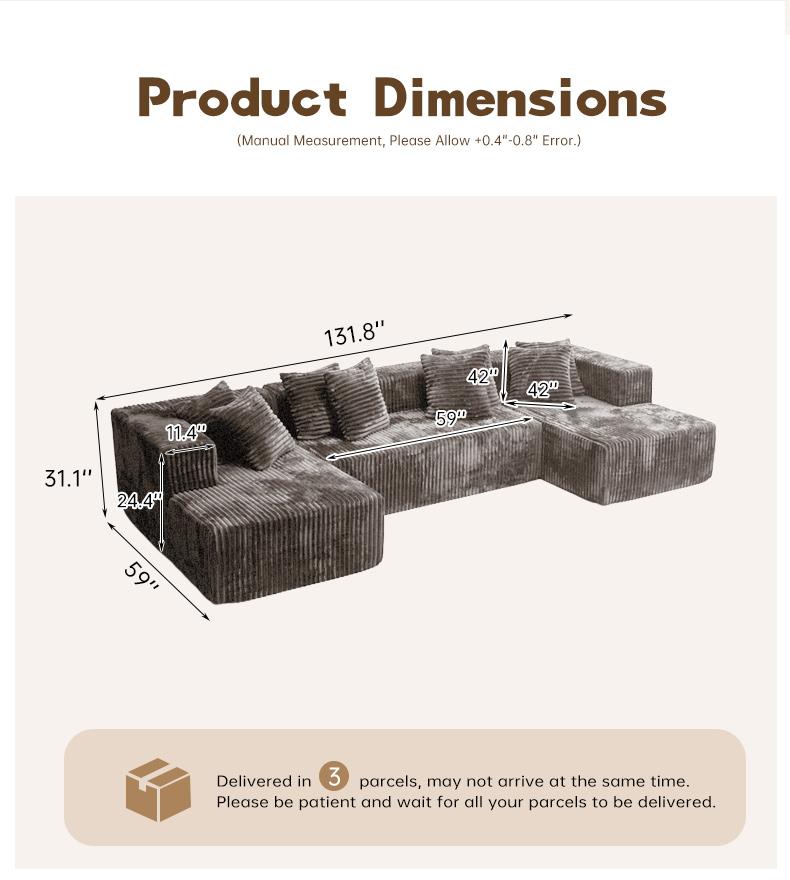 QIMENG U-Shape Modular Sectional Sofa Bed, 3-Package Shipping, Compressed Corduroy & Soft Velvet Fabric, Space-Efficient Deep-Seat Modern Sleeper Floor Sofa for Living Room, Convertible Indoor Sofas, Sofas Living Room