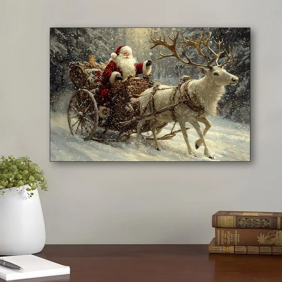 Artistic Santa Claus Wooden Frame Canvas Print Kit - Eco-Friendly Christmas Wall Art, Winter Scene Decor with Reindeer, Bells, Tree, Socks, Waterproof Holiday Gift, 8"x8"-24"x36" Including 12"x18",16"x24", Easy-Hanging Home Supply, Multi-Size, Bedroom, De