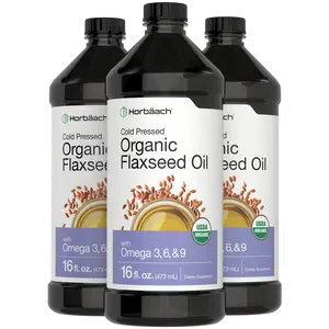 Horbäach Organic Flaxseed Oil | 3 Pack | 16 fl oz Each | Cold Pressed | with Omega 3, 6, 9 | Vegetarian, Non-GMO, Gluten Free Liquid