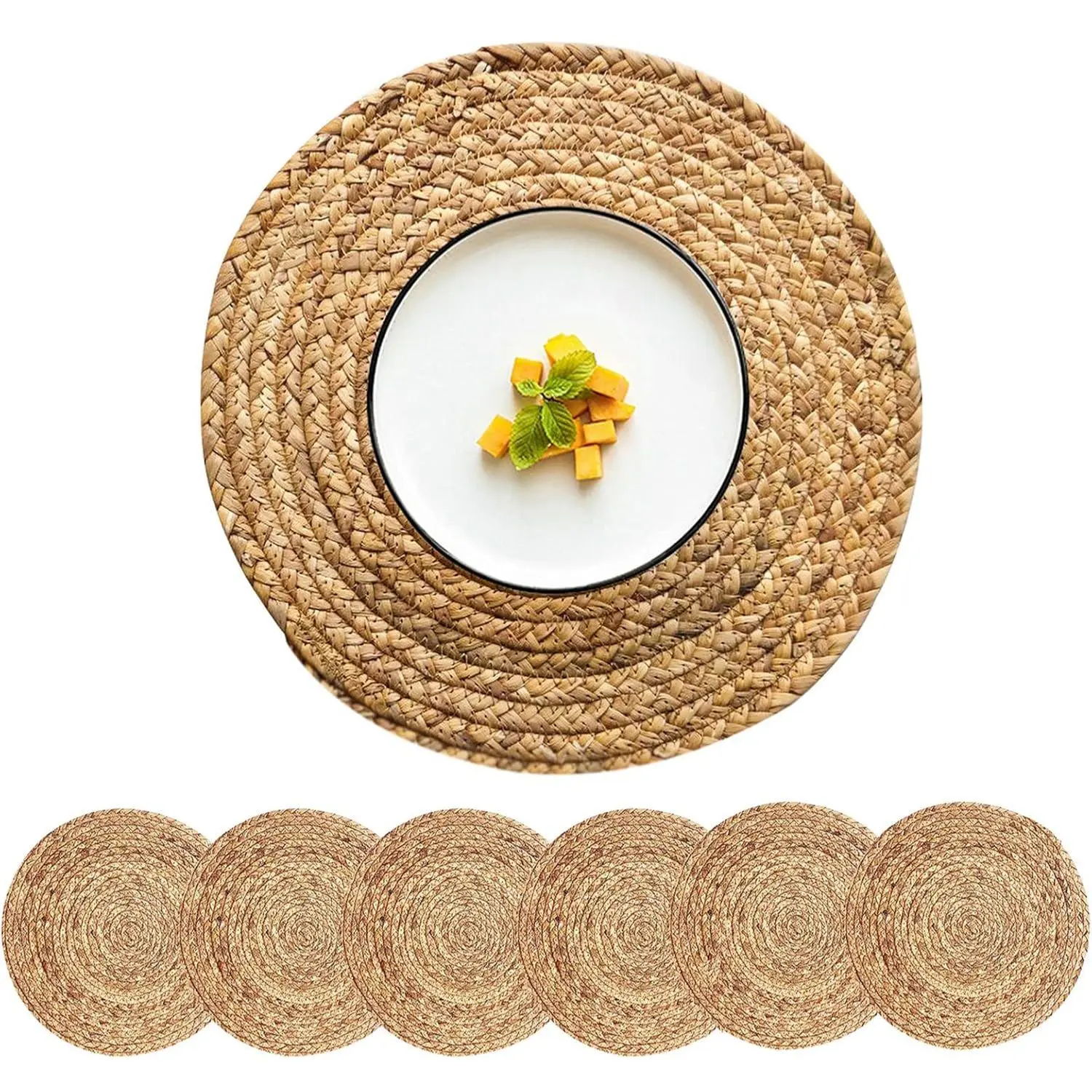 6pcs Natural Rattan Table Mats - Heat-Resistant Non-Slip Round Placemats,14.17Inches Rustic Bohemian Wicker Heat-Resistant Dish Mats for Kitchen & Dining Table, Holiday Party Decor (Christmas, Thanksgiving)