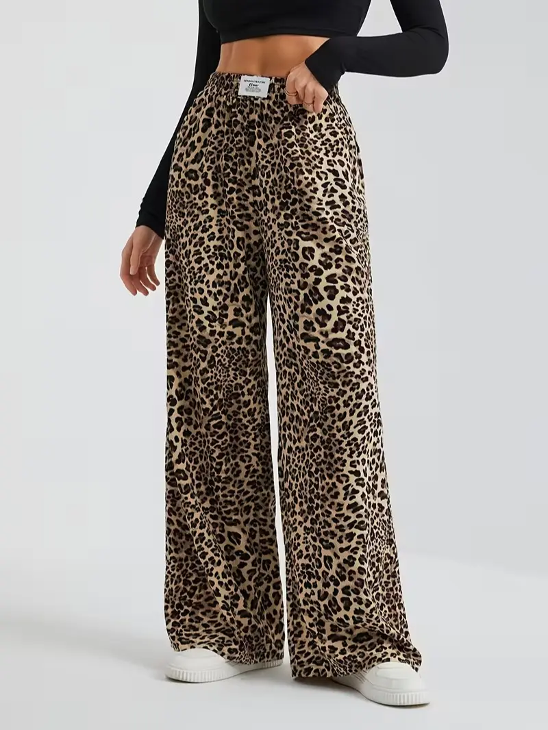 Women’s Leopard Print High-Waisted Wide-Leg Baggy Oversized Pants - Comfortable, Fashionable Statement Bottom, Vibe-Focused for Everyday Casual Back to School Outfits